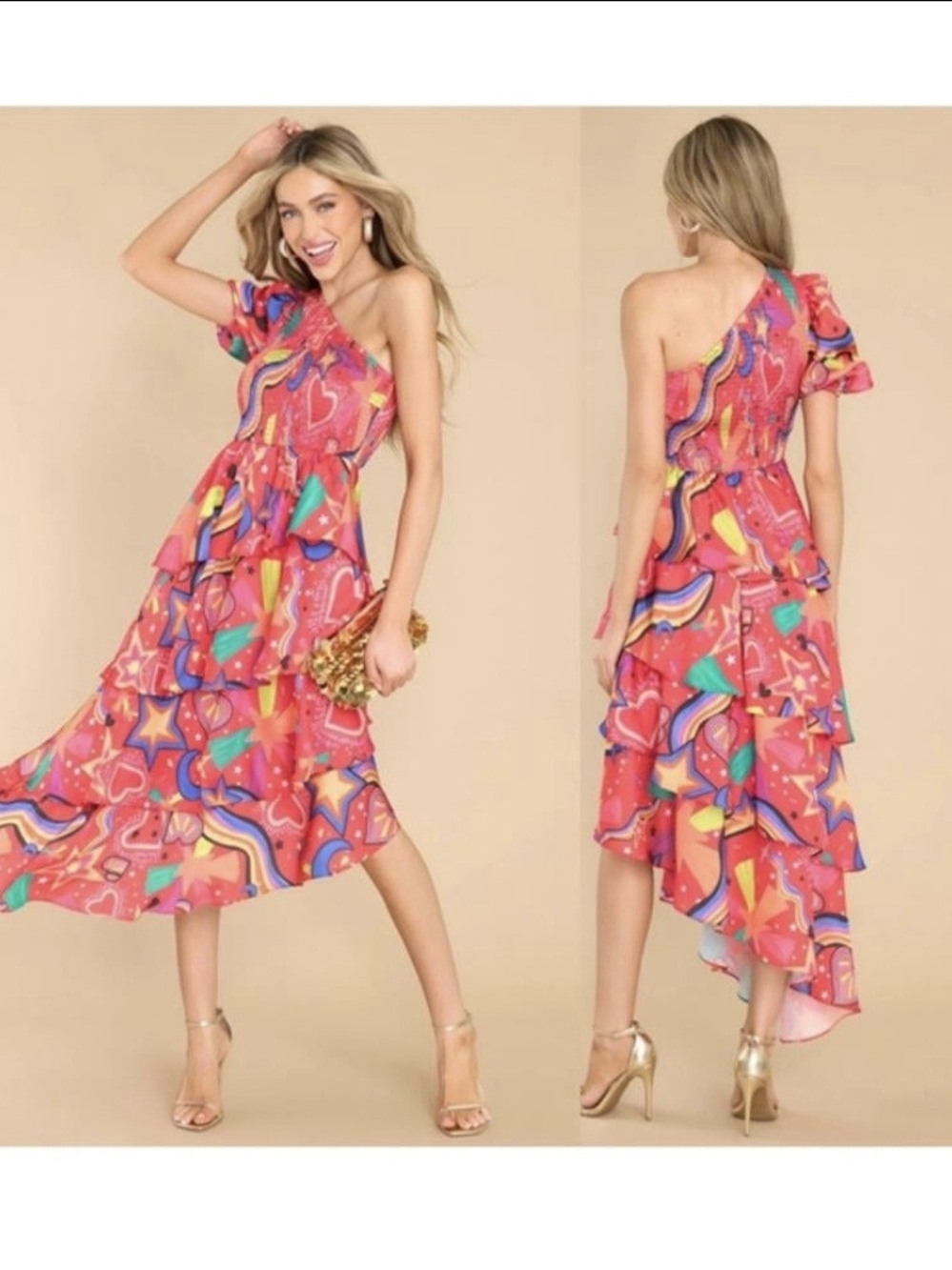 Alden Adair One-Shoulder Coral Ref Abstract Ruffle Midi Dress